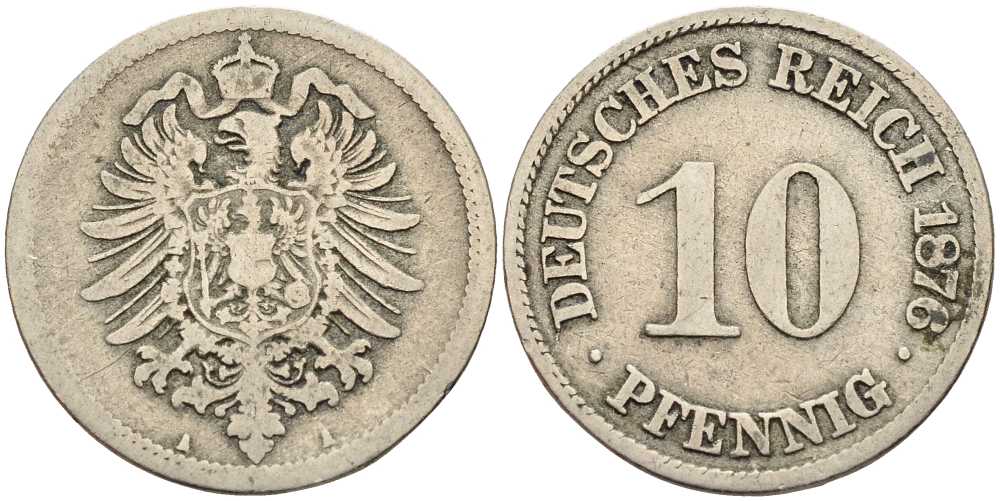 ГЕРМАНИЯ 10 ПФЕННИГОВ 1876 A, СТАРОГЕРБОВКА KM 4, J. 4 медно-никель 4401-256