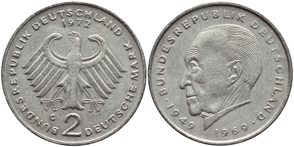 ФРГ 2 марки 1972 G, Конрад Аденауэр KM 124, J. 406 медно-никель плакированный никелем 177-757
