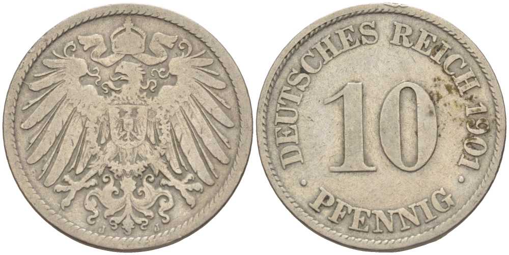 ГЕРМАНИЯ 10 ПФЕННИГОВ 1901 J KM 12, J. 13 медно-никель 4401-1227