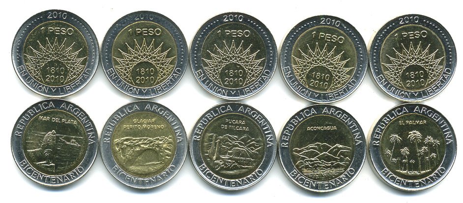 Аргентина лот из 5 монет по 1 песо 2010 серия 200 лет Аргентине (MAR DEL PLATA, ACONCAGUA, EL PALMAR, PUCALA DEL TELCURA, GLACIAR PERITO MORENO) биметалл UNC N2-37