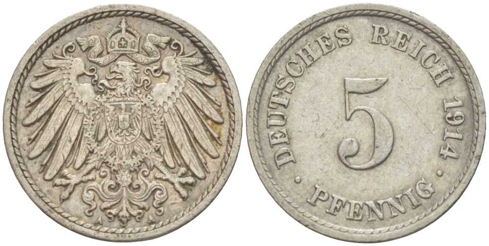 ГЕРМАНИЯ 5 ПФЕННИГОВ 1914 A KM 11, J. 12 медно-никель 105-214