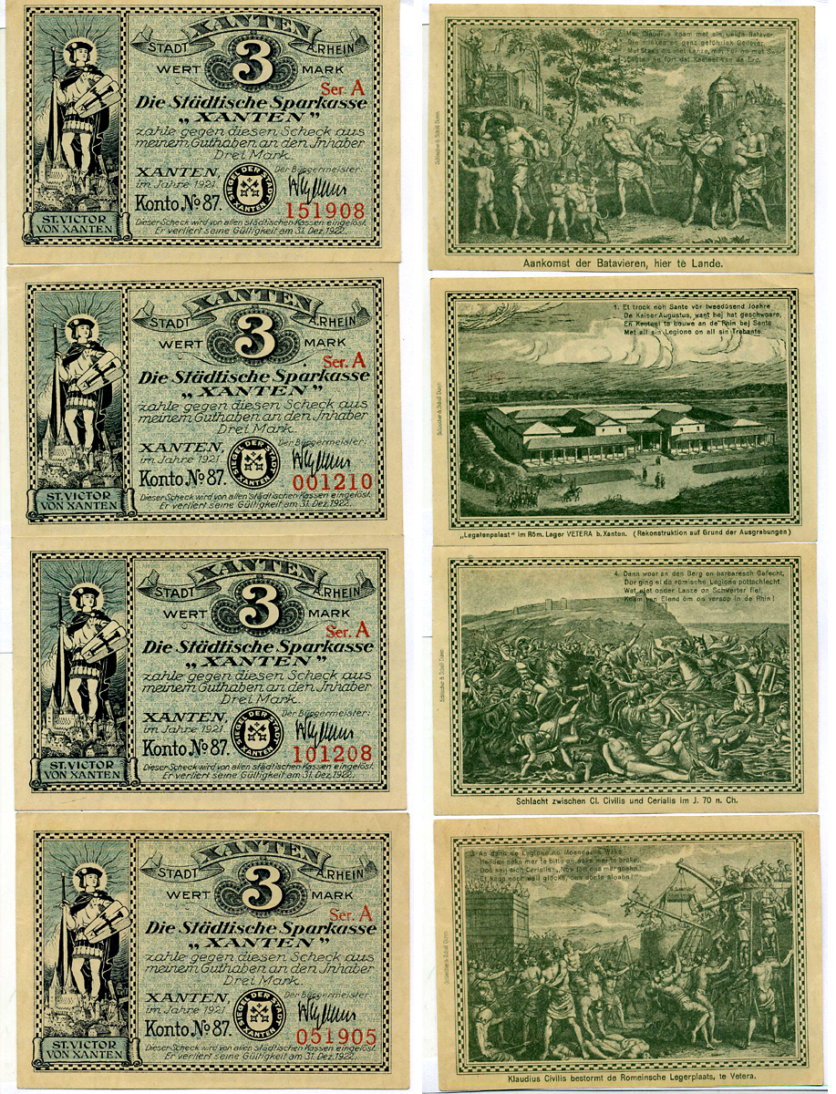 КСАНТЕН НАБОР ИЗ 4 БАНКНОТ ПО 3 МАРКИ 1921 1921 - 31 ДЕКАБРЯ 1922, WERTMARK, НОТГЕЛЬД, ЗЕМЛЯ СЕВЕРНЫЙ РЕЙН-ВЕСТФАЛИЯ. СЕРИЯ А, KONTO №87, НОМЕР 1, 2, 3, 4 Grabowski 1465.1а бумага 2193-3-2-2