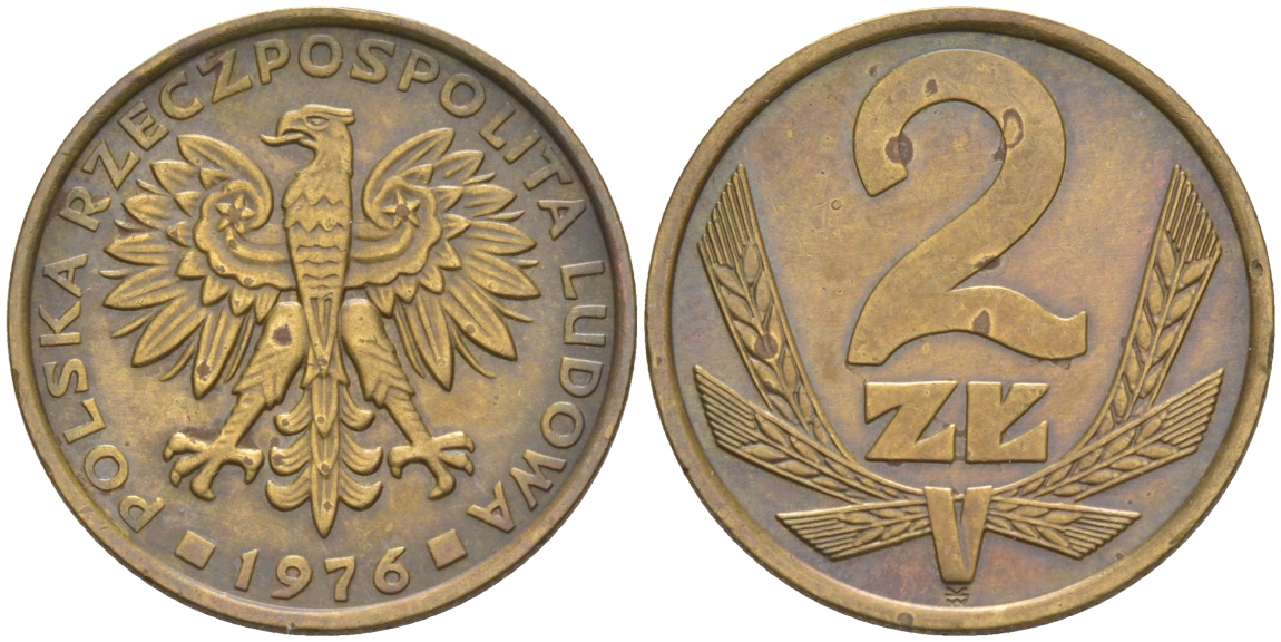 Польша 2 злотых 1976 Ленинградский монетный двор (ЛМД) KM 80.1, Parchimowicz 217b латунь 68-452