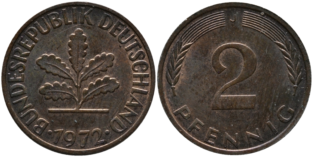 ФРГ 2 пфеннига 1972 J KM 106а, J.381а сталь плакированная медью 99-214