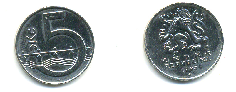 Чехия 5 крон 1993 чешский лев, Карлов мост KM 8 сталь плакированная никелем 89-1625