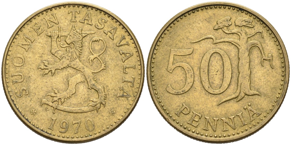 Финляндия 50 пенни 1970 S KM 48 алюминиевая бронза 4563-423