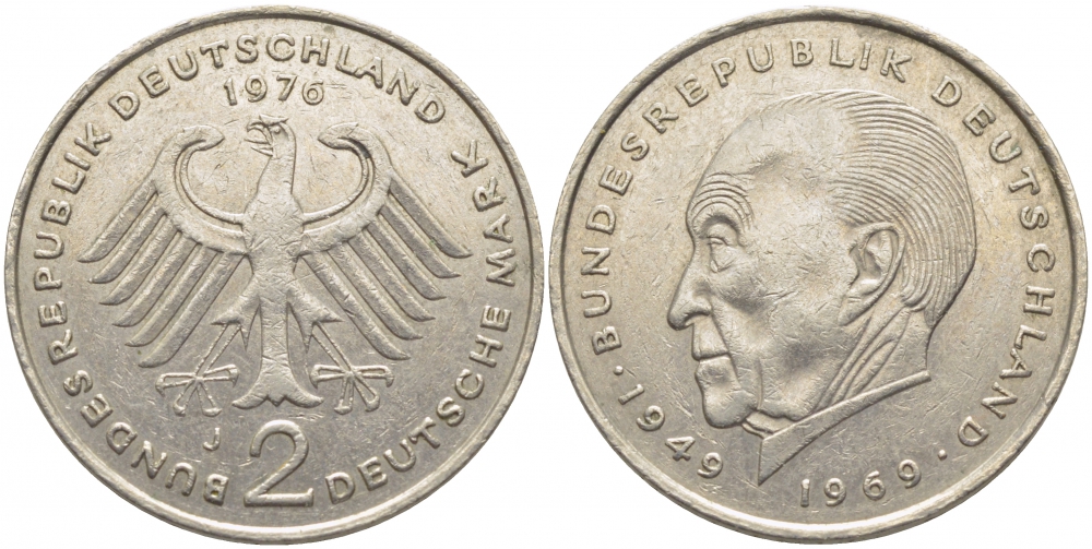 ФРГ 2 МАРКИ 1976 J, КОНРАД АДЕНАУЭР KM 124, J. 406 медно-никель плакированный никелем 3856-252