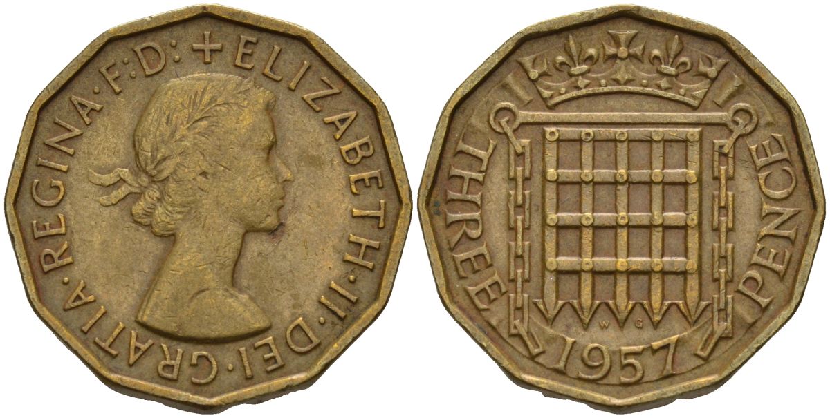 Великобритания 3 пенса 1957 Елизавета II (1952-2022) KM 900, Spink 4153 никель латунь 4153-735