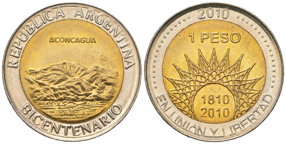 Аргентина 1 песо 2010 200 лет Аргентине - вулкан Аконкагуа KM 157 биметалл UNC 4620-635