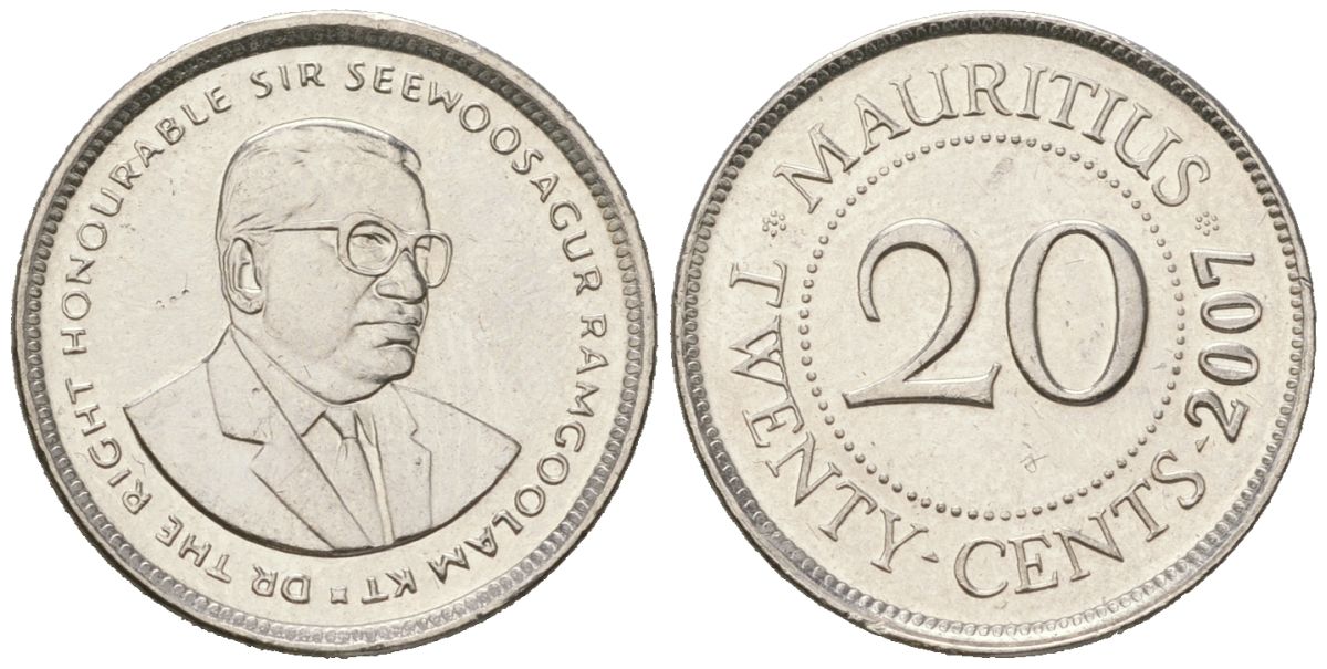 Маврикий 20 центов 2007 KM 53 сталь плакированная никелем UNC 4523-643