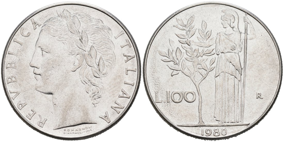 Италия 100 лир 1980 R, АФИНА У ОЛИВКОВОГО ДЕРЕВА KM 96.1 нержавеющая сталь 4572-936
