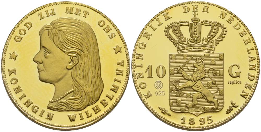 Нидерланды медаль ND 10 гульденов 1895, Вильгельмина королева Нидерландов, официальная реплика, диаметр 26 мм., вес 9,97 гр., позолота  серебро  PROOF  11-069-26
