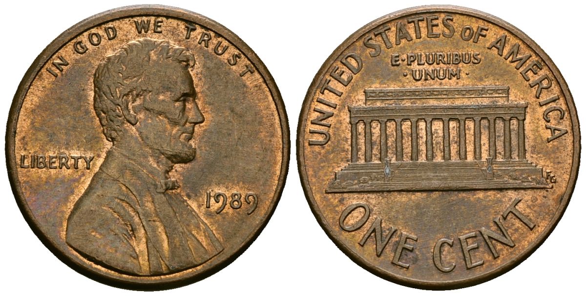 США 1 цент 1989 Линкольн KM 201b цинк плакированный медью 4136-336