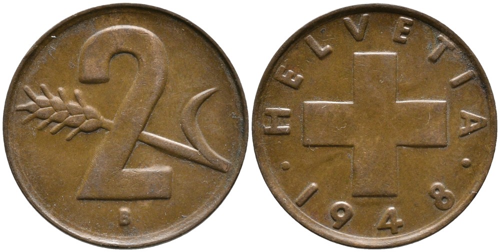 ШВЕЙЦАРИЯ 2 РАППЕНА 1948 В KM 47 бронза 4539-414