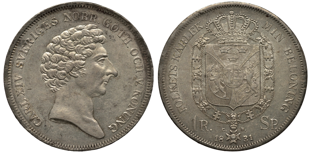 Швеция 1 риксдалер 1831 Карл XIV, львы, штемпельный блеск KM 632 серебро 00-000-00