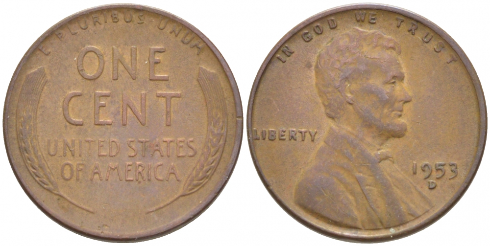 США 1 ЦЕНТ 1953 D ЛИНКОЛЬН KM А132 медь цинк 3457-1241