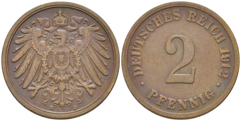 Германия 2 пфеннига 1912 D KM 16, J. 11, Weege 4 медь 206-617