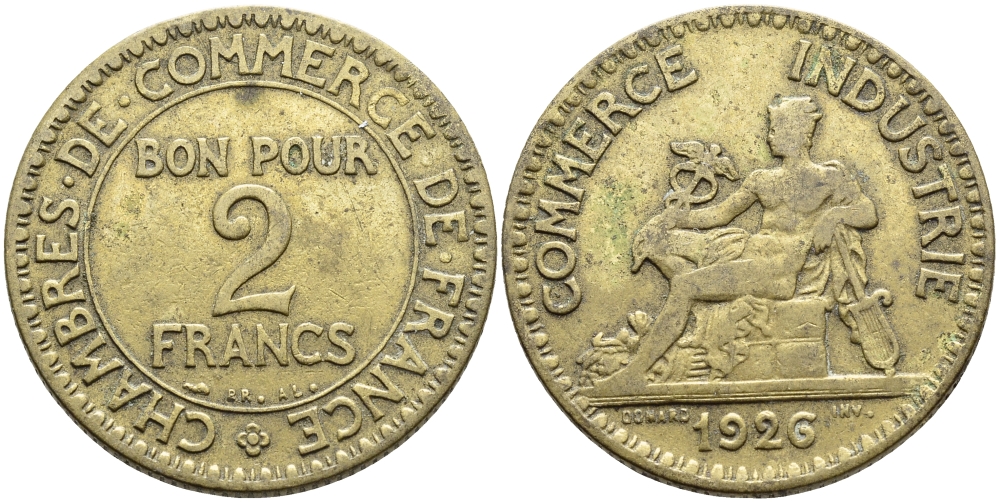 ФРАНЦИЯ 2 ФРАНКА 1926 KM 877 алюминиевая бронза 3334-833