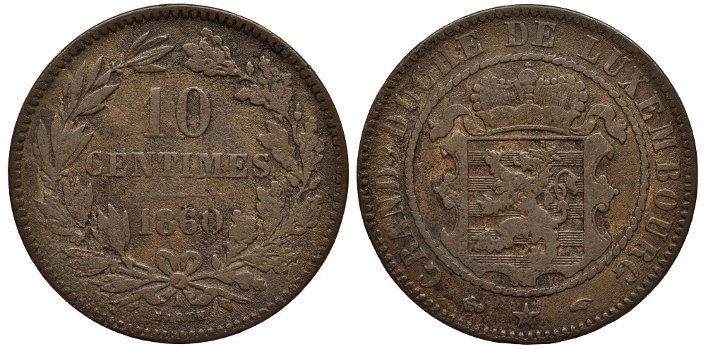 ЛЮКСЕМБУРГ 10 САНТИМОВ 1860 А, ГЕРЦОГ ВИЛЛЕМ III НИДЕРЛАНДСКИЙ (1849-1890), МОНДВОР ПАРИЖ КМ 23.2 бронза 4536-431