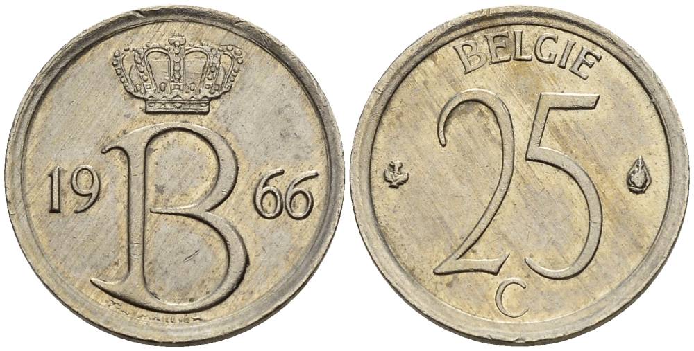 Бельгия 25 сантимов 1966 Belgie, Бодуэн I (1951-1993) KM 154.1 медно-никель 4528-969