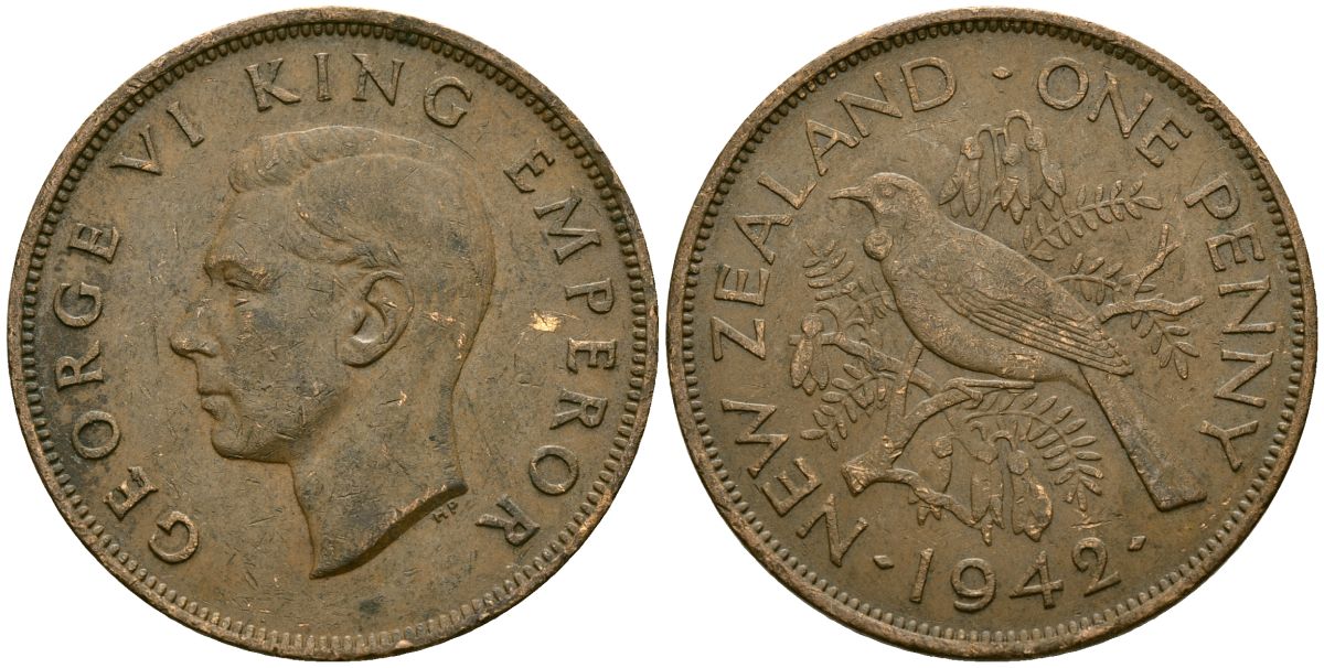Новая Зеландия 1 пенни 1942 Георг VI (1936-1952), новозеландский туи KM 13 бронза 4165-1146
