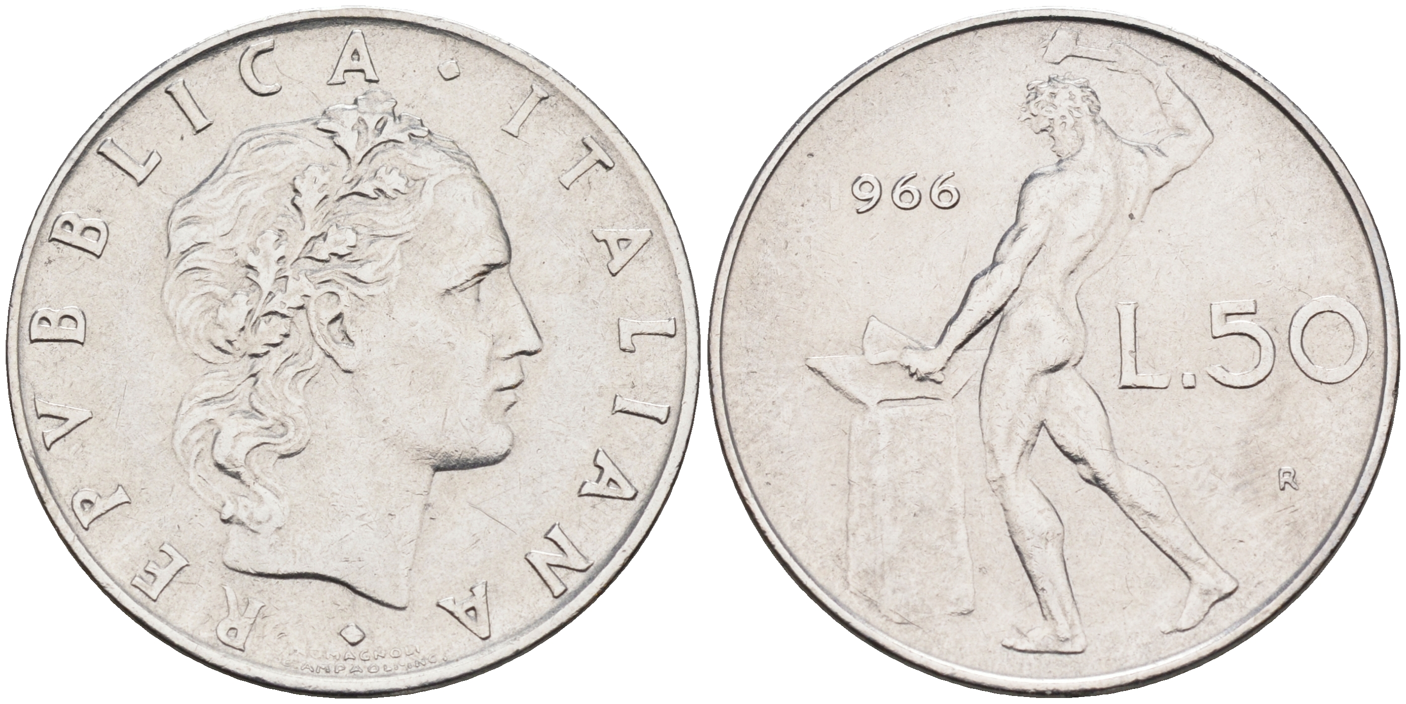 Италия 50 лир 1966 R, бог огня Вулкан у наковальни KM 95.1 нержавеющая сталь 4595-231