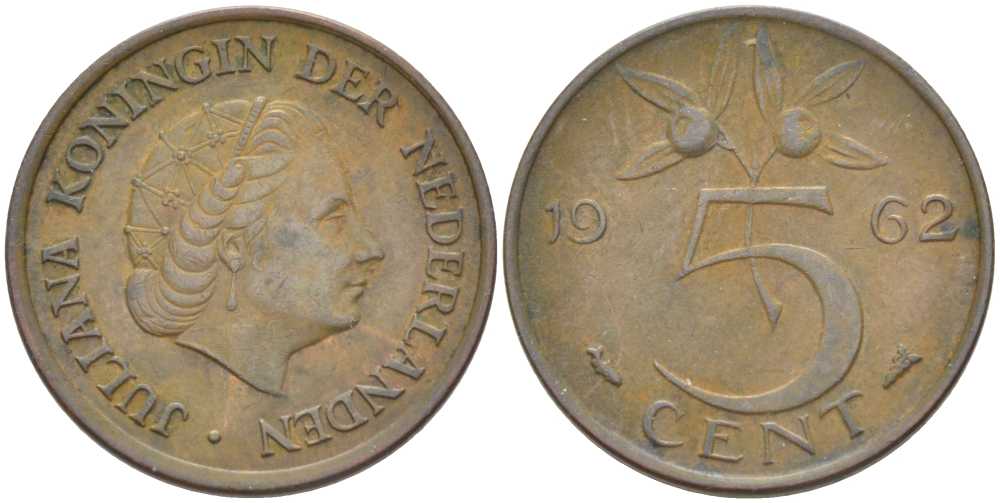 НИДЕРЛАНДЫ 5 ЦЕНТОВ 1962 ЮЛИАНА (1948-1980) KM 181 бронза 213-1037