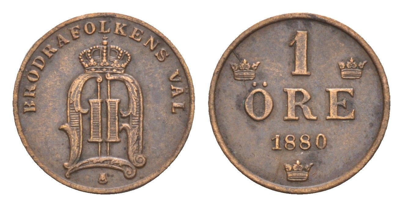 Швеция 1 эре 1880 Оскар II (1872-1907) KM 750 бронза 1518-734