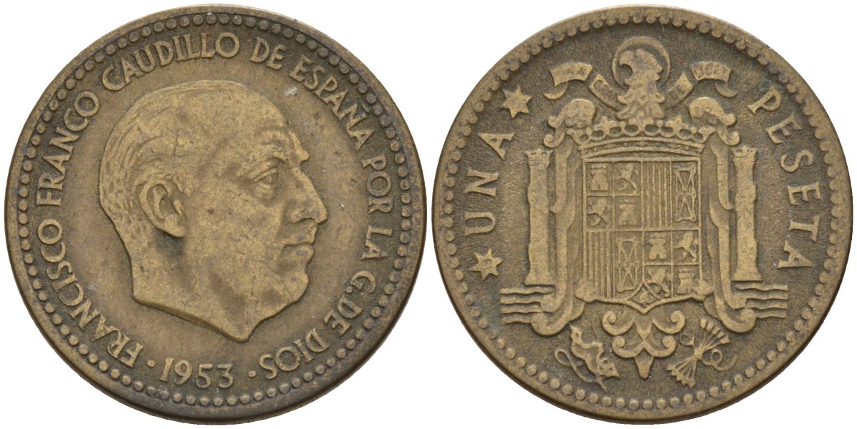 Испания 1 песета 1953 Франсиско Франко (1939 - 1975) KM 775 алюминиевая бронза 4155-327