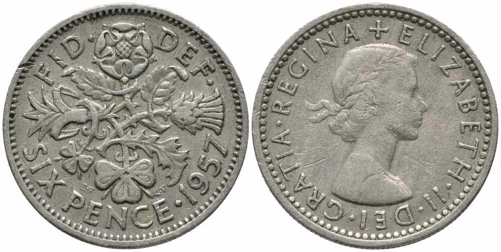 Великобритания 6 пенсов 1957 Елизавета II (1952-2022) KM 903, Spink 4149 медно-никель 112-122