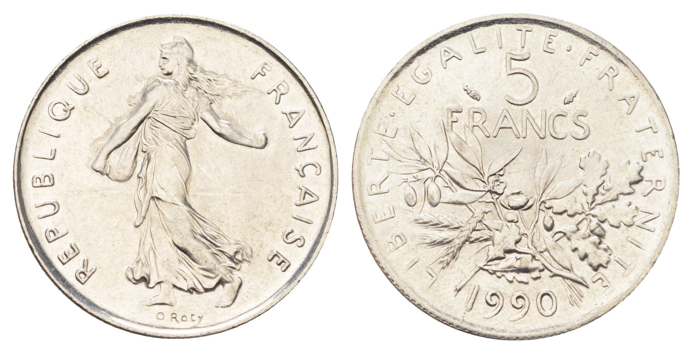 Франция 5 франков 1990 сеятель KM 926a.1, Le Franc 341.22 медно-никель плакированный никелем UNC 4692-1112