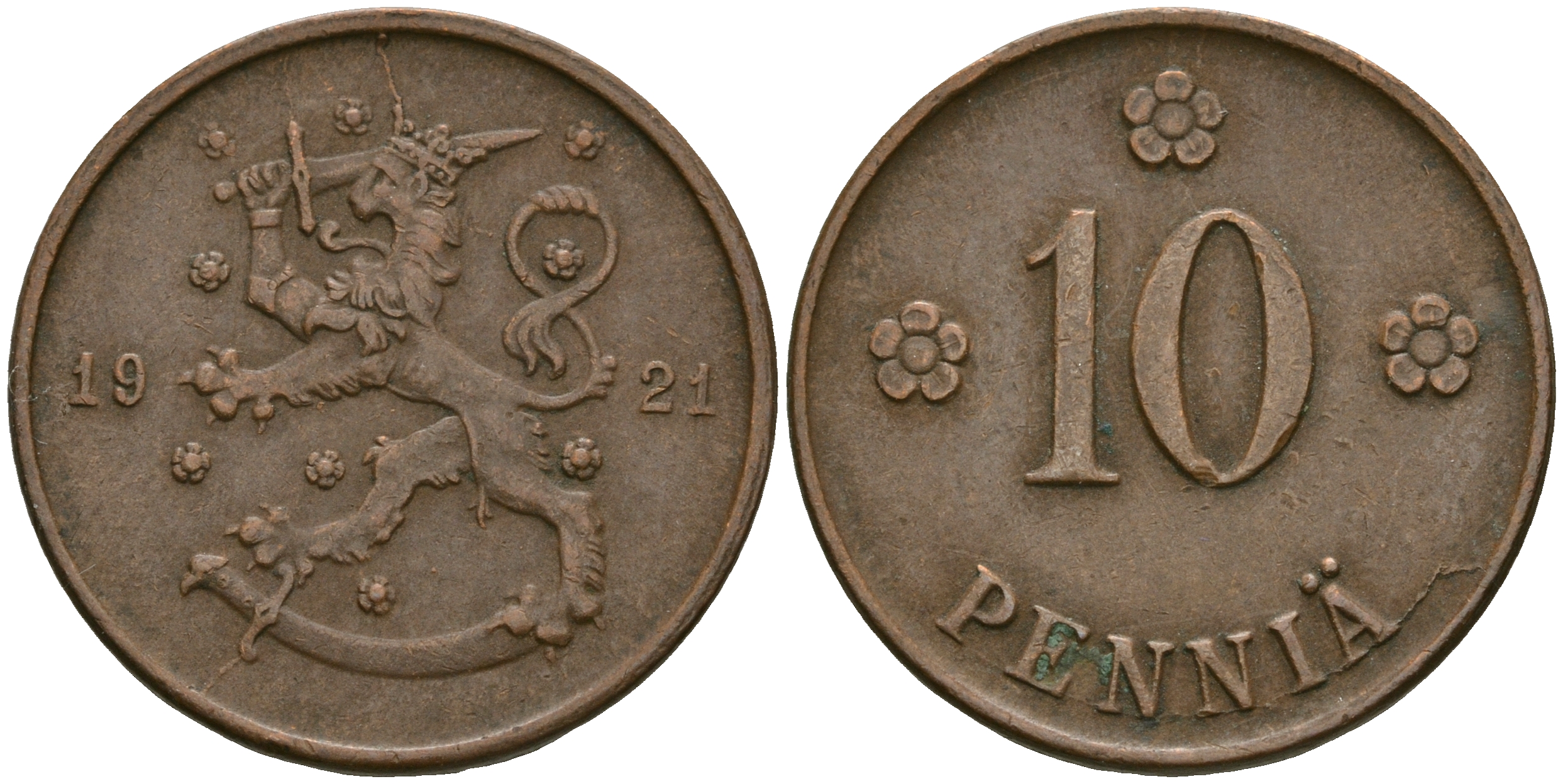 Финляндия 10 пенни 1921 республика (1918-1962) KM 24 медь 08-1053