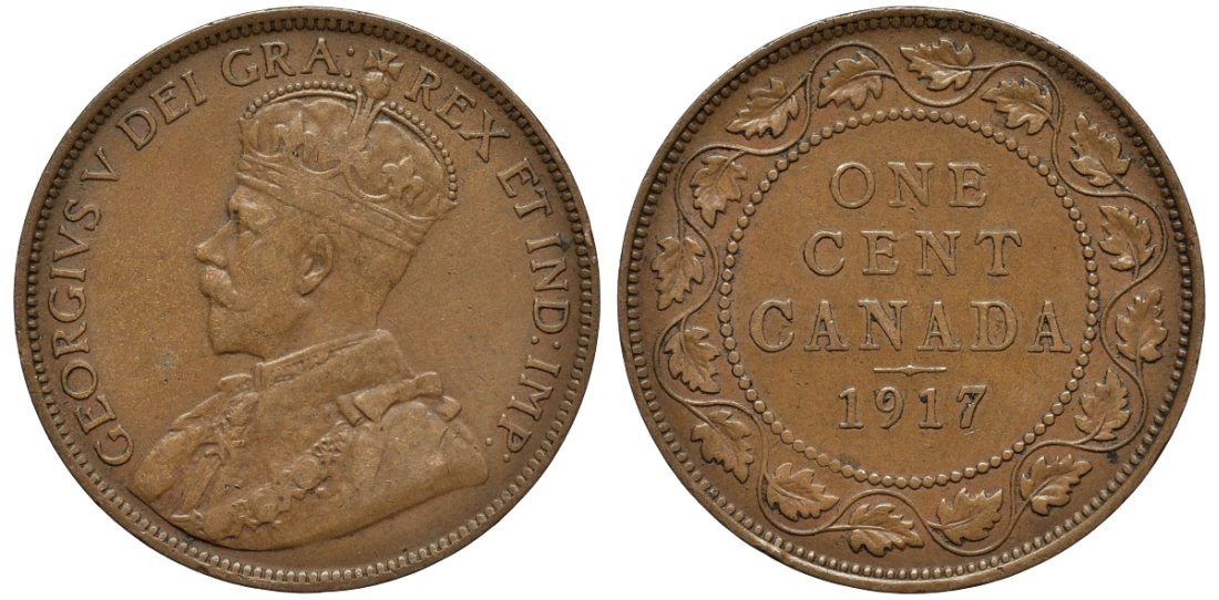 Канада 1 цент 1917 Георг V (1910-1936), большой формат KM 21 бронза 190-651