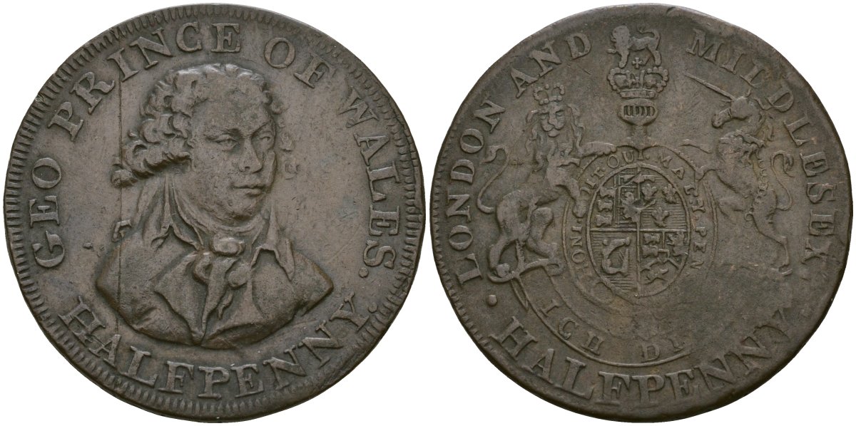 Великобритания, Мидлсекс 1/2 пенни ND (1787-1797) Национальная серия - Принц Уэльский, гурт - надпись, токен Dalton & Hamer 953a, Atkins 742 1529-744