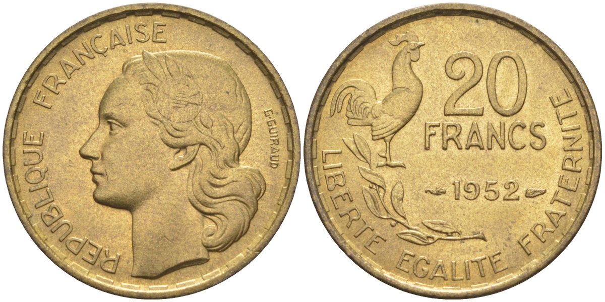 Франция 20 франков 1952 петух, 4 ПЕРА KM 917.1, Le Frank 402.9 алюминиевая бронза 4519-657