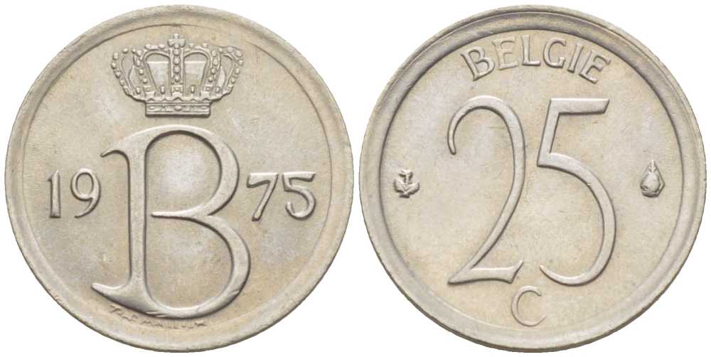 Бельгия 25 сантимов 1975 Belgie, Бодуэн I (1951-1993) KM 154.1 медно-никель 214-157