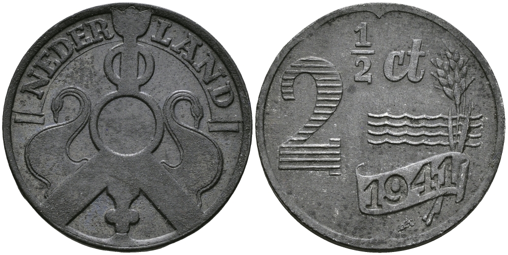 НИДЕРЛАНДЫ 2 1/2 ЦЕНТА 1941 ВИЛЬГЕЛЬМИНА (1890-1948) KM 171 цинк 176-811