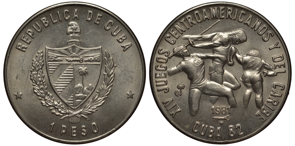 Куба 1 песо 1981 XIV Центрально-Американские и Карибские игры на Кубе 1982 года, легкоатлетические виды спорта KM 61 медно-никель UNC 1526-222 M8-13