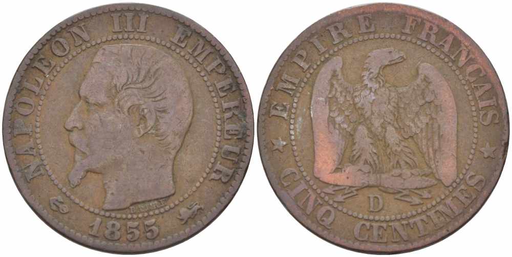 ФРАНЦИЯ 5 САНТИМОВ 1855 D, НАПОЛЕОН III (1852-1870) KM 777.4, LE FRANC 116.23 бронза 108-347