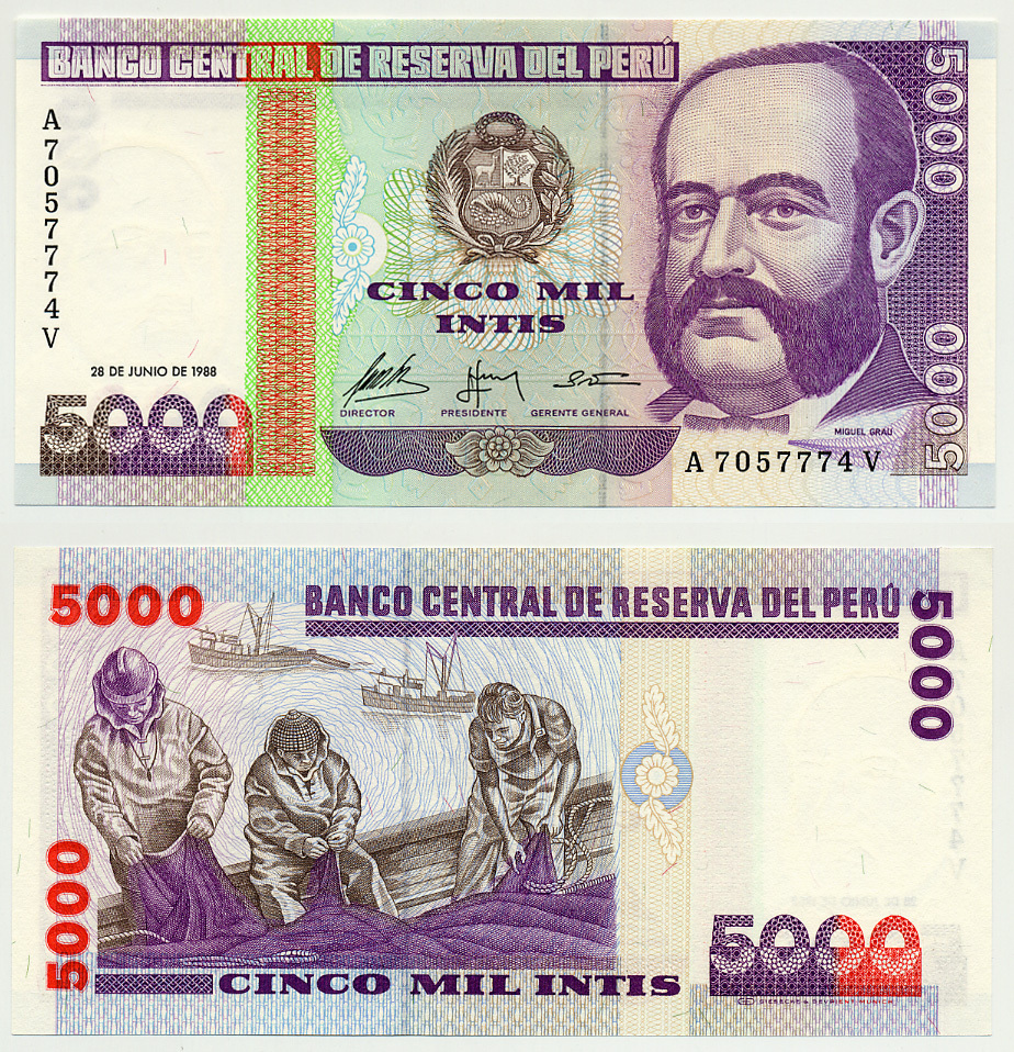 Перу 5000 инти 1988 G&D, адмирал Мигель Грау Pick 137 бумага UNC (пресс) 6287-39-2