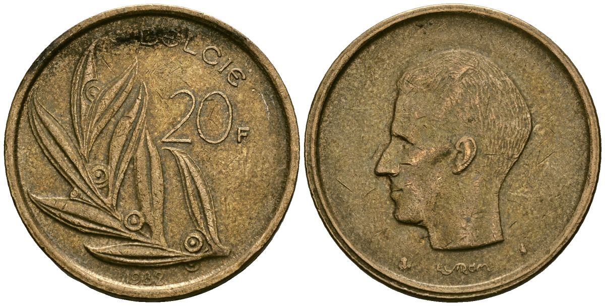 Бельгия 20 франков 1982 BELGIE KM 160 никель бронза 4120-1244