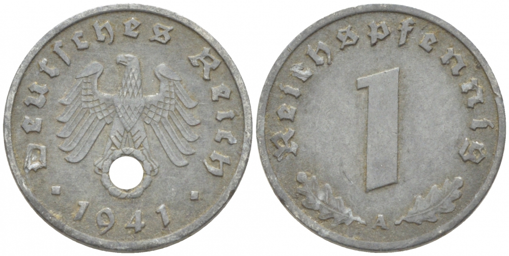 ГЕРМАНИЯ 1 РЕЙХСПФЕННИГ 1941 А KM 97, J. 369 цинк 4387-939