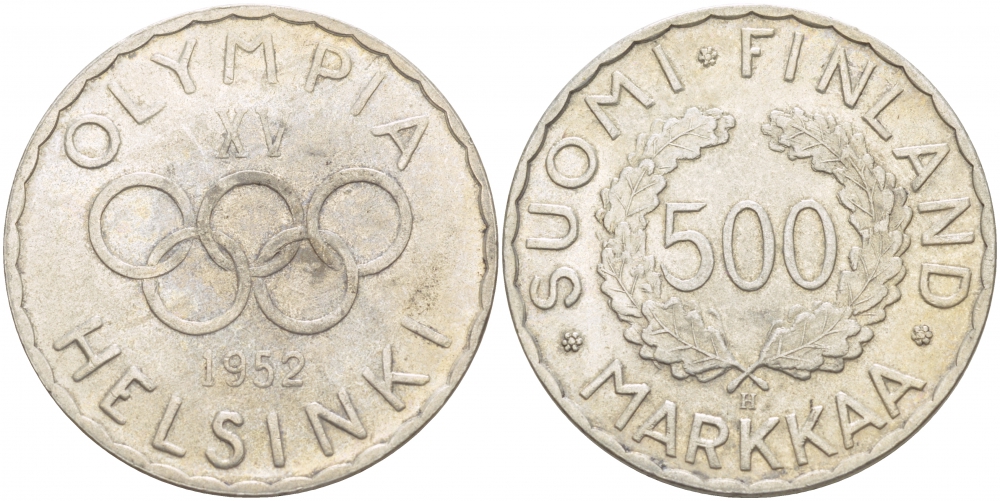 Финляндия 500 марок 1952 H, XV зимние Олимпийские игры в Хельсинки 1952 года KM 35 серебро 650-235