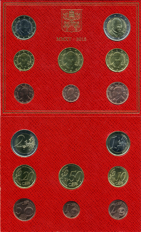 Ватикан евронабор из 8 монет 2015 в оригинальной упаковке, Папа Франциск KM NEW биметалл UNC 7-1-74