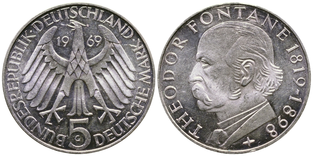 ФРГ 5 марок 1969 G, 150 лет со дня рождения Теодора Фонтана J. 399, KM 125.1 серебро UNC 413-6635