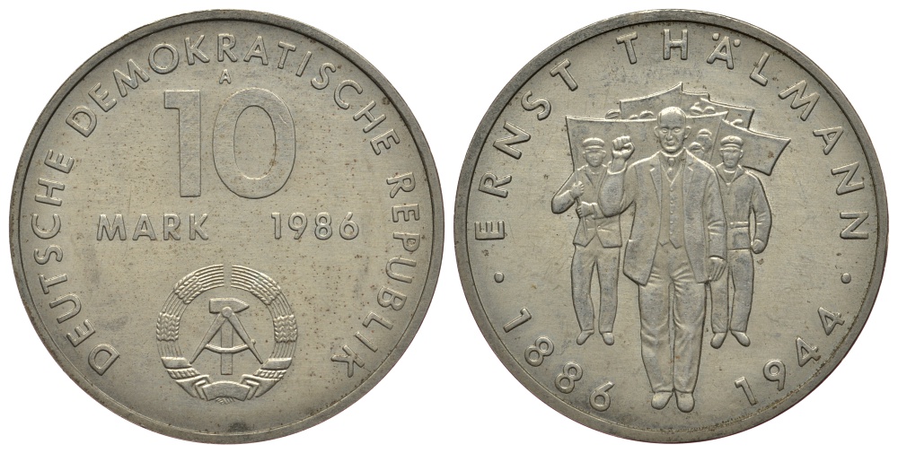 ГДР 10 марок 1986 А, 100 лет со дня рождения Эрнста Тельмана (1886-1944) KM 109, J. 1608 медно-никель 413-231