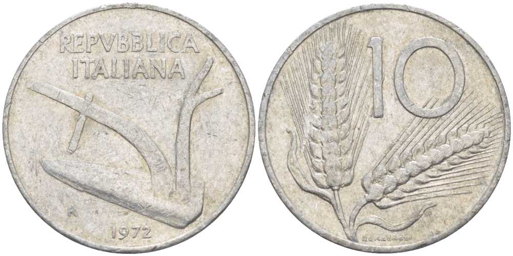 ИТАЛИЯ 10 ЛИР 1972 R, ПЛУГ, КОЛОСЬЯ KM 93 алюминий 175-422