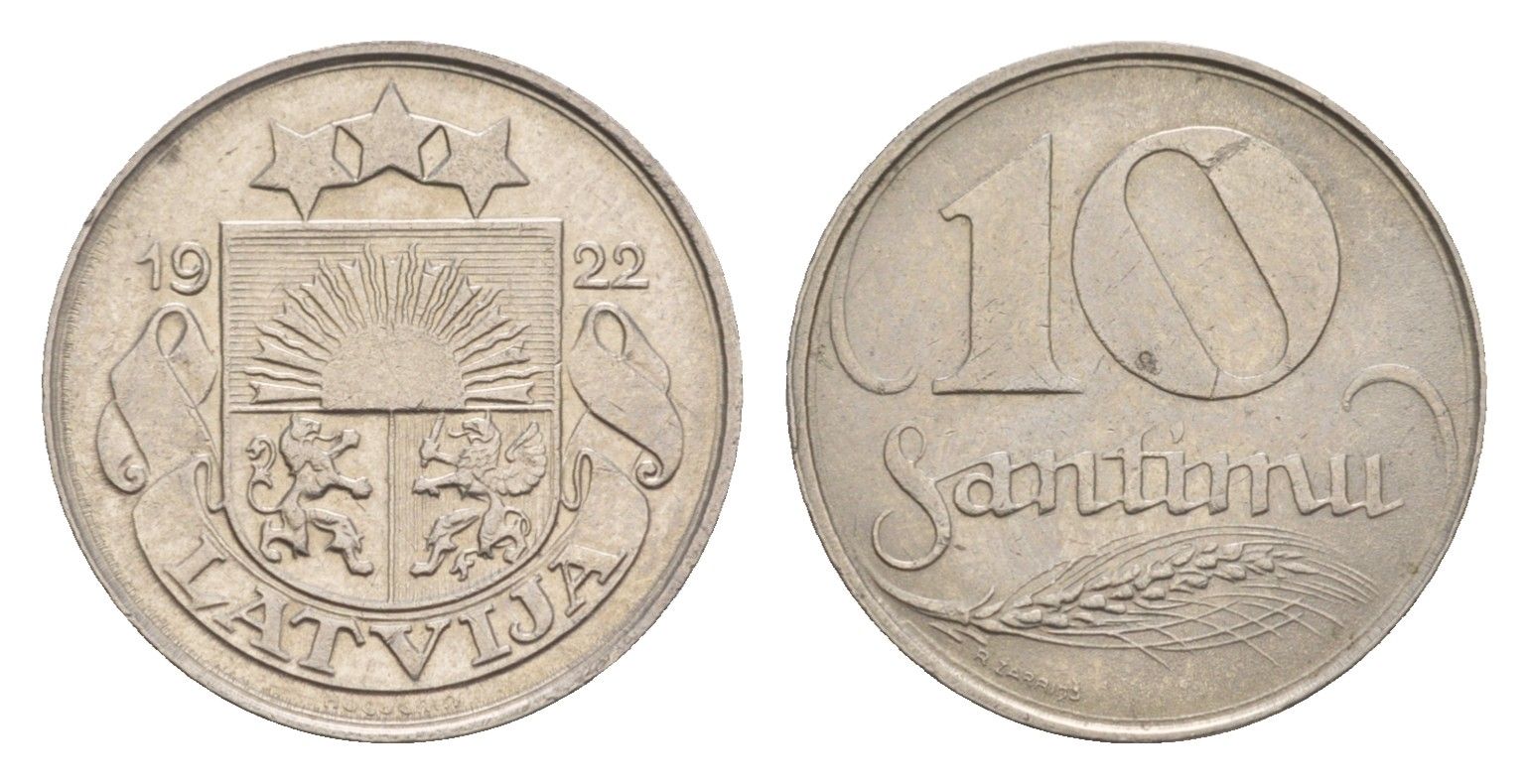 Латвия 10 сантимов 1922 год-тип KM 4 никель 4658-1224