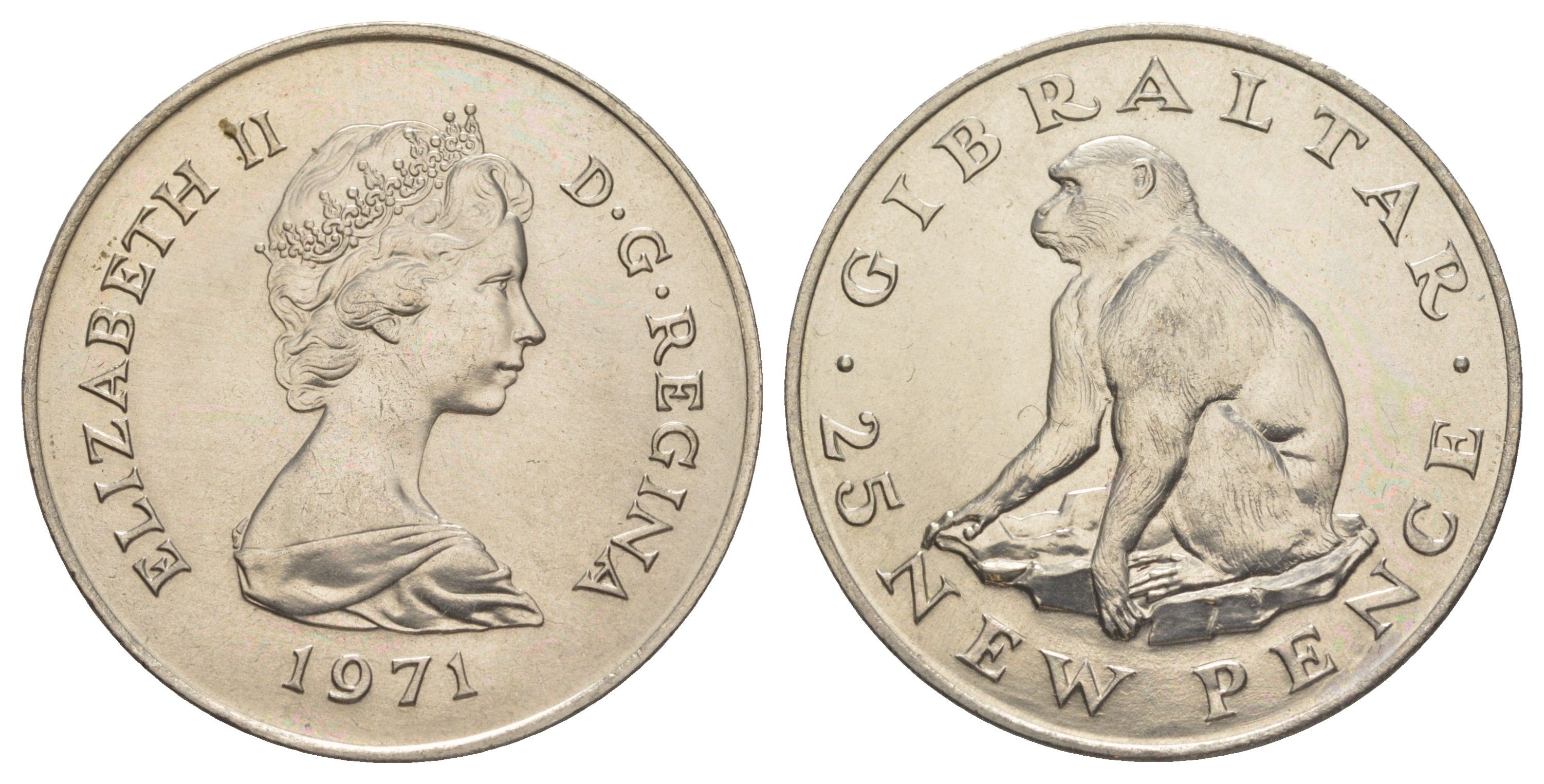 Гибралтар 25 пенсов 1971 Елизавета II (1952-2022), обезьяна KM 5 медно-никель UNC 00-00