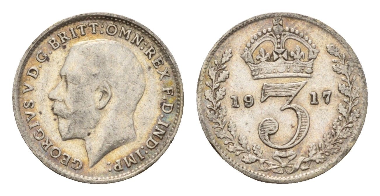 Великобритания 3 пенса 1917 Георг V (1910-1936) KM 813, Spink 4015 серебро 4644-223